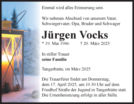 Traueranzeige von Jürgen Vocks von Volksstimme Altmark Ost