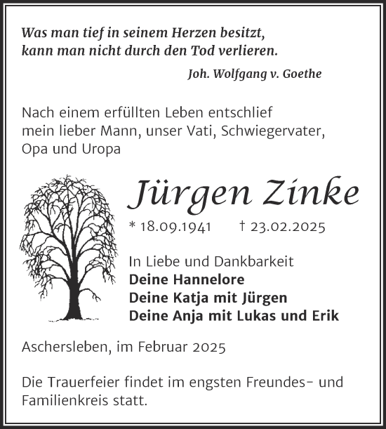 Traueranzeige von Jürgen Zinke von Trauerkombi Aschersleben