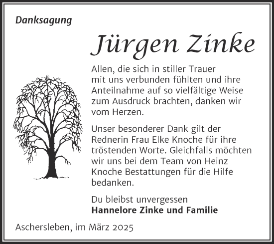 Traueranzeige von Jürgen Zinke von Trauerkombi Aschersleben