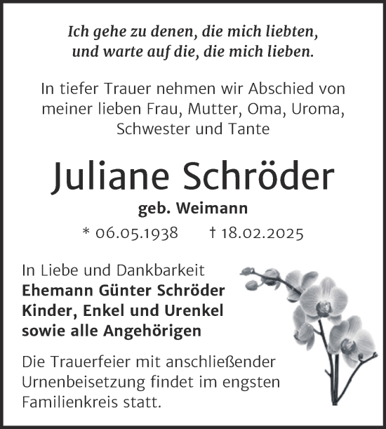 Traueranzeige von Juliane Schröder von Trauerkombi Mansfelder Land