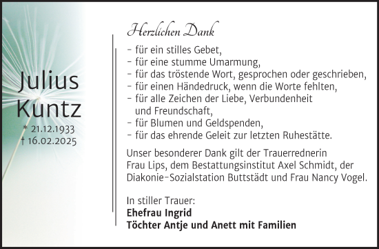 Traueranzeige von Julius Kuntz von Super Sonntag Naumburg/Nebra