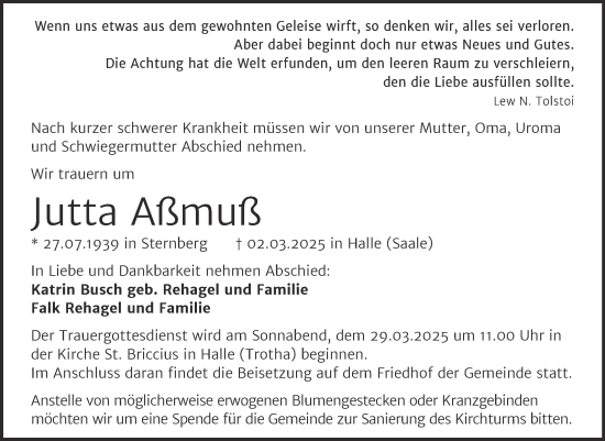 Traueranzeige von Jutta Aßmuß von Mitteldeutsche Zeitung Halle/Saalkreis