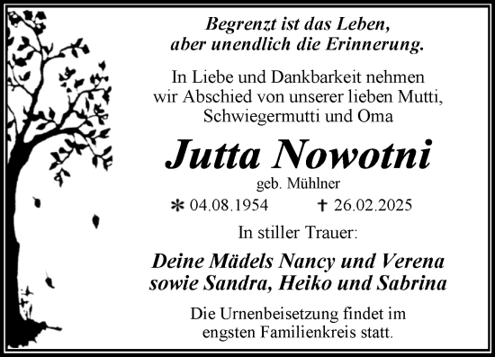 Traueranzeige von Jutta Nowotni von Trauerkombi Wittenberg