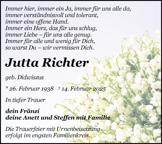 Traueranzeige von Jutta Richter von Mitteldeutsche Zeitung Bitterfeld