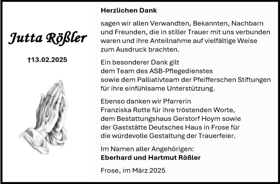 Traueranzeige von Jutta Rößler von Trauerkombi Aschersleben
