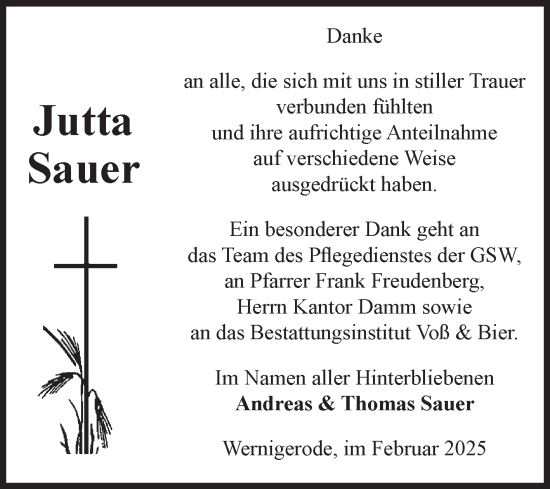 Traueranzeige von Jutta Sauer von Volksstimme Wernigerode