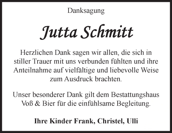 Traueranzeige von Jutta Schmitt von Volksstimme Wernigerode