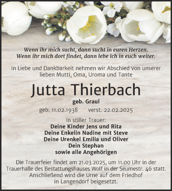 Traueranzeige von Jutta Thierbach von Trauerkombi Weißenfels