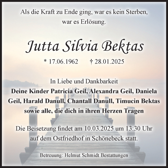 Traueranzeige von Jutta Silvia Bektas von Volksstimme Schönebeck
