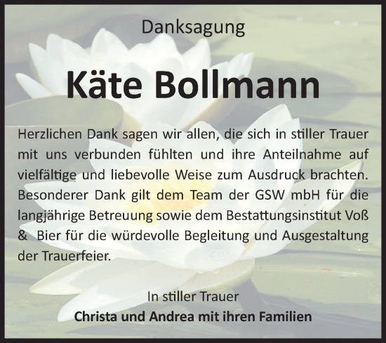 Traueranzeige von Käte Bollmann von Volksstimme Wernigerode