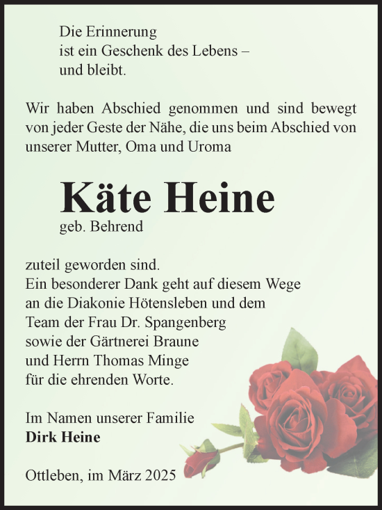 Traueranzeige von Käte Heine von Volksstimme Oschersleben/Wanzleben