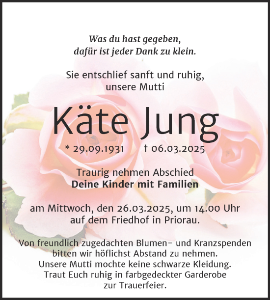 Traueranzeige von Käte Jung von Trauerkombi Bitterfeld