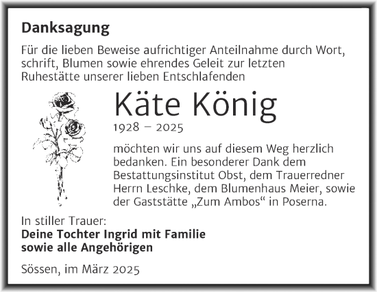Traueranzeige von Käte König von Trauerkombi Weißenfels