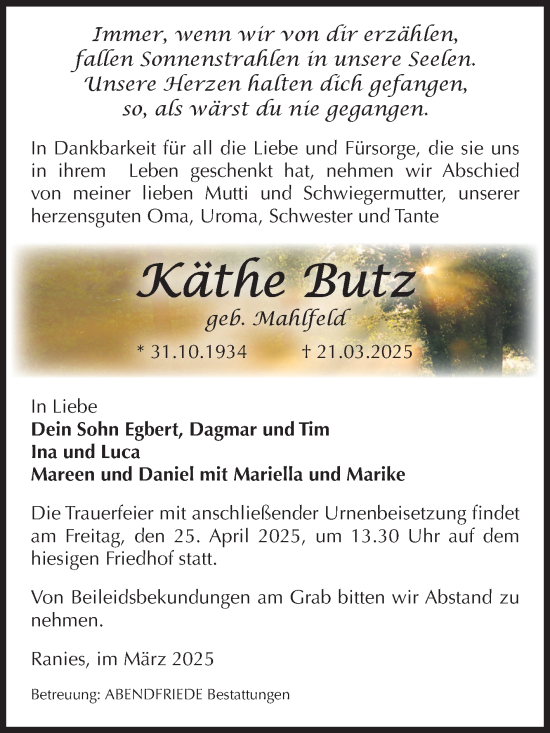 Traueranzeige von Käthe Butz von Volksstimme Schönebeck