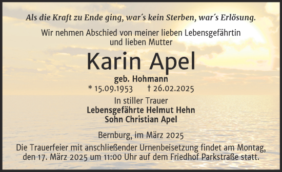 Traueranzeige von Karin Apel von Trauerkombi Bernburg