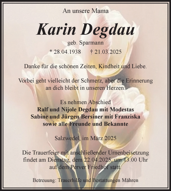 Traueranzeige von Karin Degdau von Volksstimme Altmark West