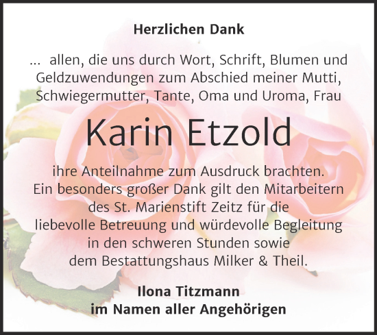 Traueranzeige von Karin Etzold von Trauerkombi Zeitz