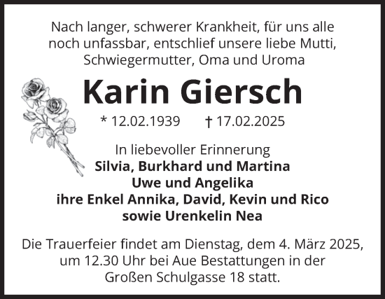Traueranzeige von Karin Giersch von Volksstimme Magdeburg