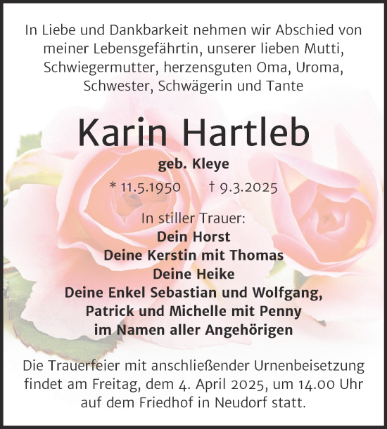Traueranzeige von Karin Hartleb von Trauerkombi Quedlinburg