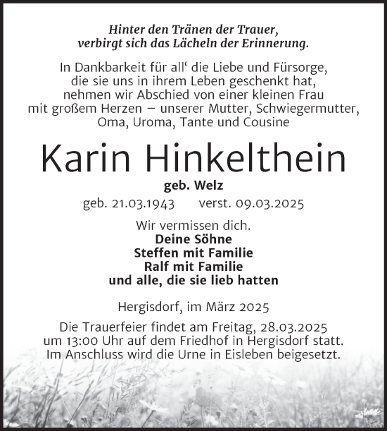 Traueranzeige von Karin Hinkelthein von Trauerkombi Mansfelder Land