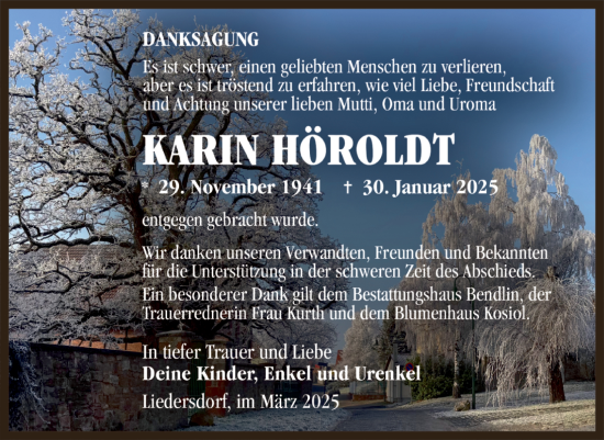 Traueranzeige von Karin Höroldt von Trauerkombi Sangerhausen