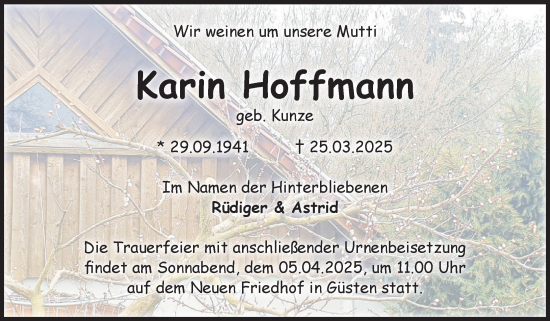 Traueranzeige von Karin Hoffmann von Volksstimme Staßfurt