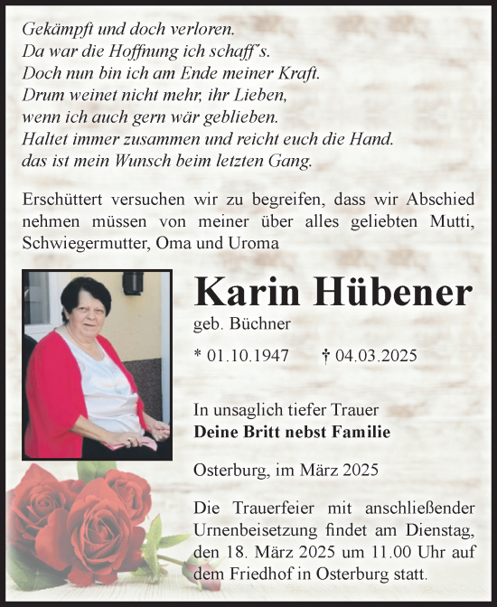 Traueranzeige von Karin Hübener von Volksstimme Altmark Ost