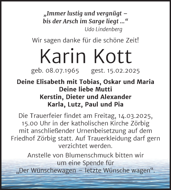 Traueranzeige von Karin Kott von Trauerkombi Bitterfeld