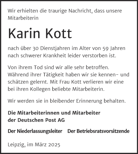 Traueranzeige von Karin Kott von Mitteldeutsche Zeitung Bitterfeld