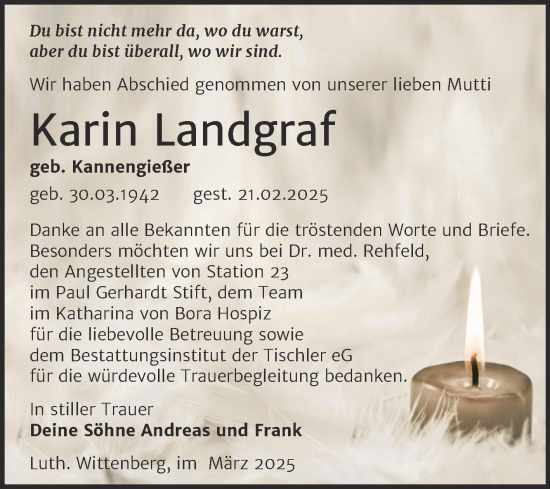 Traueranzeige von Karin Landgraf von Trauerkombi Wittenberg