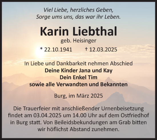 Traueranzeige von Karin Liebthal von Volksstimme Burg/Genthin