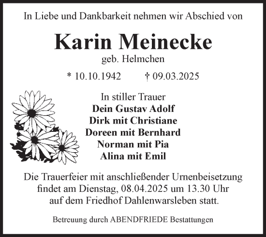 Traueranzeige von Karin Meinecke von Volksstimme Haldensleben/Wolmirstedt