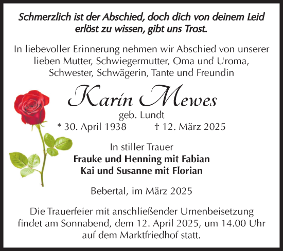 Traueranzeige von Karin Mewes von Volksstimme Haldensleben/Wolmirstedt