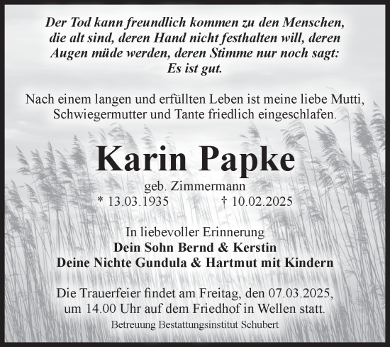 Traueranzeige von Karin Papke von Volksstimme Haldensleben/Wolmirstedt