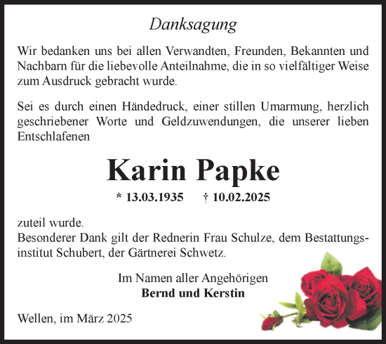 Traueranzeige von Karin Papke von Volksstimme Haldensleben/Wolmirstedt