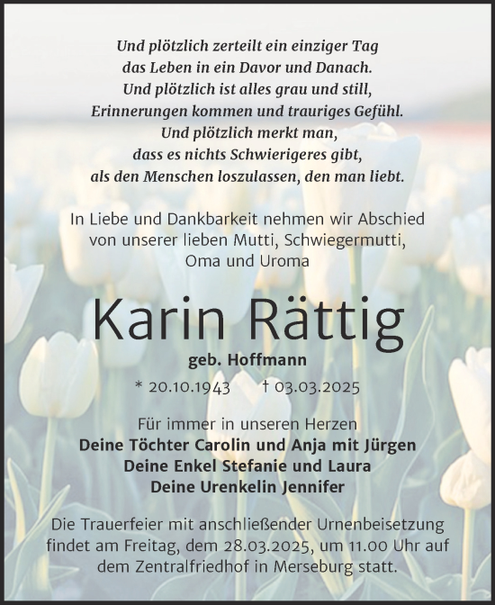Traueranzeige von Karin Rättig von Trauerkombi Merseburg