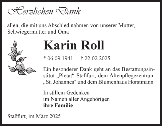 Traueranzeige von Karin Roll von Volksstimme Staßfurt