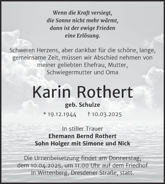 Traueranzeige von Karin Rothert von Trauerkombi Wittenberg