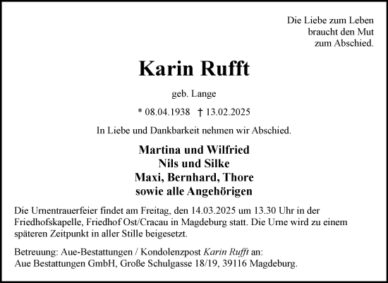 Traueranzeige von Karin Rufft von Volksstimme Magdeburg