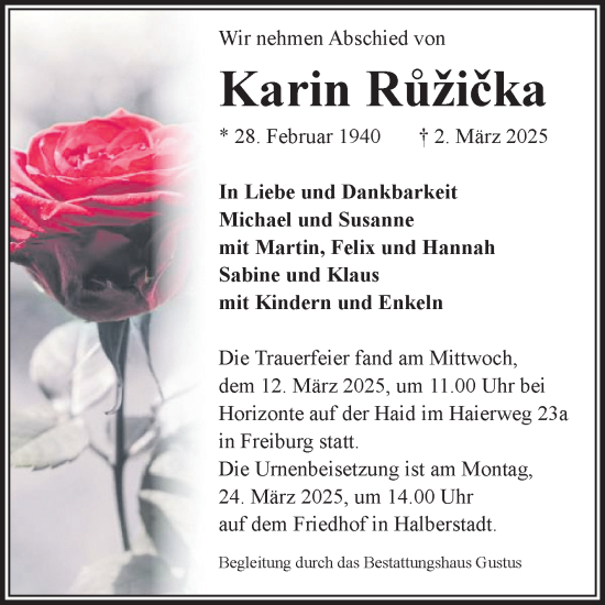 Traueranzeige von Karin Ruzicka von Volksstimme Halberstadt