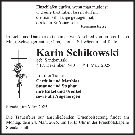 Traueranzeige von Karin Schikowski von Volksstimme Altmark Ost