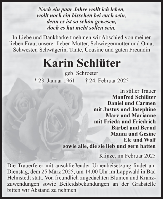Traueranzeige von Karin Schlüter von Volksstimme Haldensleben/Wolmirstedt