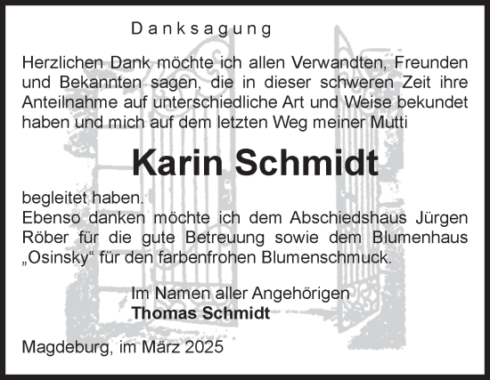 Traueranzeige von Karin Schmidt von Volksstimme Magdeburg