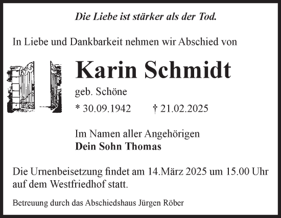 Traueranzeige von Karin Schmidt von Volksstimme Magdeburg