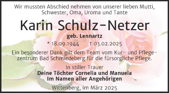 Traueranzeige von Karin Schulz-Netzer von Trauerkombi Wittenberg