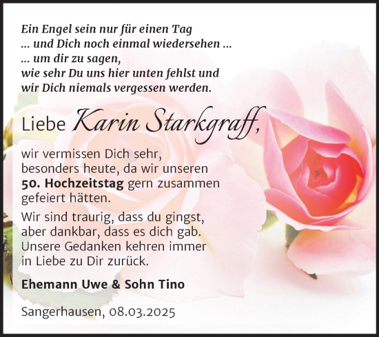 Traueranzeige von Karin Starkgraff von Mitteldeutsche Zeitung Sangerhausen