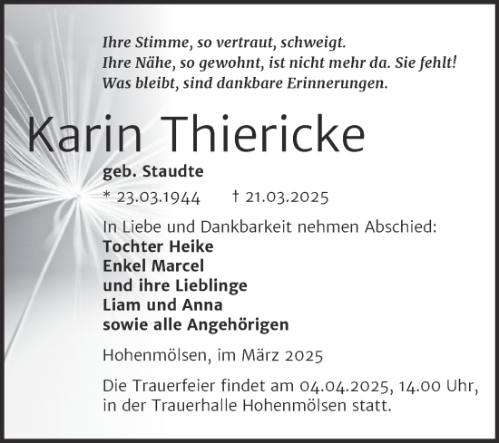 Traueranzeige von Karin Thiericke von Trauerkombi Weißenfels