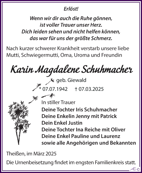 Traueranzeige von Karin Magdalene Schuhmacher von Trauerkombi Zeitz