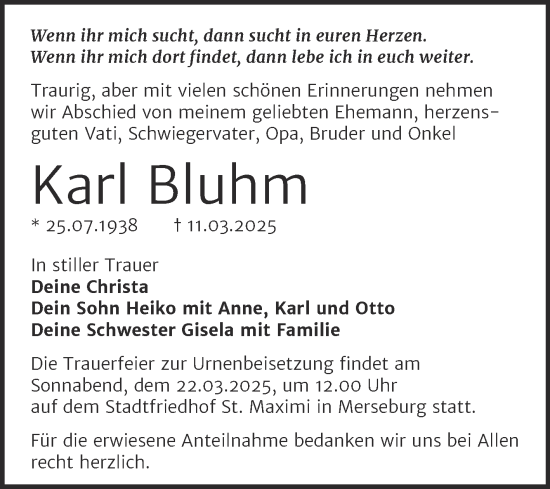 Traueranzeige von Karl Bluhm von Trauerkombi Merseburg
