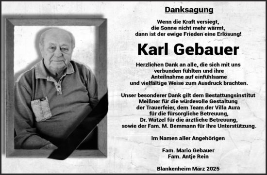 Traueranzeige von Karl Gebauer von Trauerkombi Sangerhausen